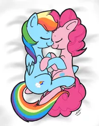 Size: 707x903 | Tagged: safe, artist:silver1kunai, derpibooru import, pinkie pie, rainbow dash, cuddling, female, hug, lesbian, pinkiedash, shipping, smiling, snuggling