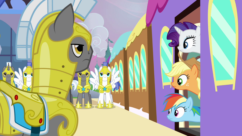 Size: 1280x720 | Tagged: a canterlot wedding, applejack, canterlot, derpibooru import, friendship express, leaning, rainbow dash, rarity, royal guard, safe, screencap, train, train station