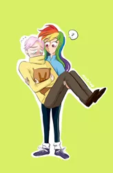 Size: 708x1077 | Tagged: artist:mintyhap, butterdash, butterscotch, carrying, clothes, derpibooru import, female, fluttershy, half r63 shipping, human, humanized, male, rainbow dash, rule 63, safe, shipping, straight, sweater, sweatershy, turtleneck