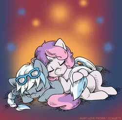 Size: 1000x984 | Tagged: safe, artist:kaemantis, deleted from derpibooru, derpibooru import, silver spoon, sweetie belle, earth pony, pony, unicorn, blushing, cuddling, cute, diasweetes, eyes closed, female, filly, glasses, gradient background, kaemantis is trying to murder us, lesbian, lying on top of someone, pony pile, pony pillow, shipping, signature, silverbelle, silverbetes, sleeping, tail hug, weapons-grade cute