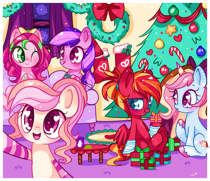 Size: 1024x881 | Tagged: safe, artist:ipun, derpibooru import, oc, oc:cuddle bug, oc:fire strike, oc:neigh-apolitan, oc:precious metal, unofficial characters only, earth pony, pegasus, pony, unicorn, blushing, bow, christmas, christmas stocking, christmas tree, clothes, female, hair bow, heart, heart eyes, holiday, mare, night, one eye closed, ponytail, present, smiling, socks, stars, striped socks, tongue out, tree, wingding eyes, wink