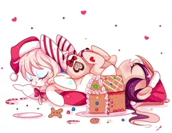 Size: 1200x930 | Tagged: safe, artist:ipun, derpibooru import, oc, oc:sweet velvet, unofficial characters only, bat pony, pony, blushing, bow, candy, candy cane, clothes, cute, eyes closed, fangs, female, food, gingerbread house, gingerbread man, hair bow, heart, mare, open mouth, simple background, sleeping, socks, white background