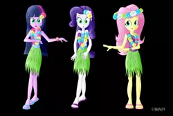 Size: 1169x788 | Tagged: safe, artist:dieart77, derpibooru import, fluttershy, rarity, twilight sparkle, equestria girls, black background, clothes, feet, flower, flower in hair, grass skirt, hawaiian flower in hair, hula, hula dance, hulalight, hularity, hulashy, hypnosis, hypnotized, lei, needs more jpeg, sandals, simple background, tanktop