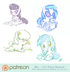 Size: 800x817 | Tagged: safe, artist:kelsea-chan, derpibooru import, lyra heartstrings, octavia melody, vinyl scratch, oc, chibi, doll, flower, looking at you, patreon, patreon logo, pillow, sketch, toy, turntable