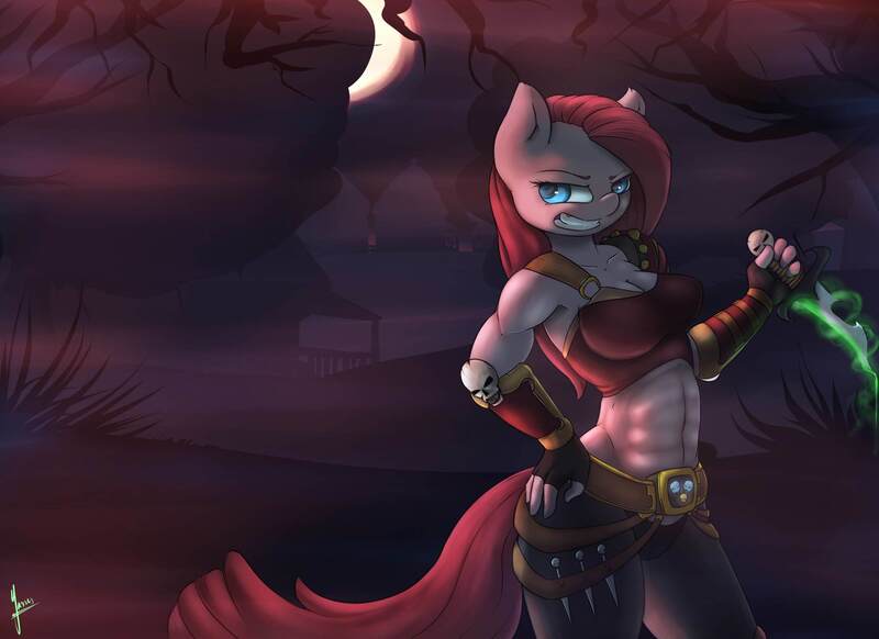 Size: 2200x1600 | Tagged: abs, anthro, artist:jamesjackobgermany, assassin, breasts, busty pinkie pie, cleavage, clothes, dagger, derpibooru import, female, knife, muscles, pinkamena diane pie, pinkie pie, scary, skull, solo, solo female, suggestive, weapon