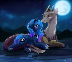 Size: 1600x1384 | Tagged: safe, artist:magnaluna, derpibooru import, discord, princess luna, bedroom eyes, blushing, cuddling, eye contact, lunacord, moon, night, prone, shipping, sky, smiling, snuggling, stars, underhoof