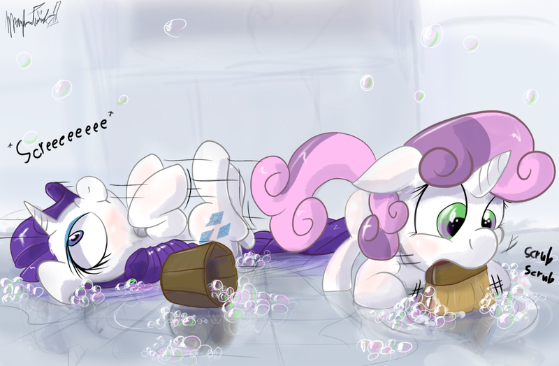 Size: 1280x838 | Tagged: safe, artist:manfartwish, derpibooru import, rarity, sweetie belle, pony, unicorn, :t, blushing, bubble, cleaning, cute, female, filly, floppy ears, legs in air, mare, misleading thumbnail, mouth hold, nose wrinkle, on back, prone, raribetes, rerity, scrubbing, scrunchy face, silly, silly pony, sliding, smiling, soap, wet