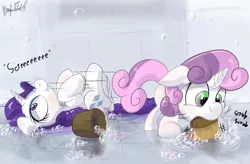 Size: 1280x838 | Tagged: safe, artist:manfartwish, derpibooru import, rarity, sweetie belle, pony, unicorn, :t, blushing, bubble, cleaning, cute, female, filly, floppy ears, legs in air, mare, misleading thumbnail, mouth hold, nose wrinkle, on back, prone, raribetes, rerity, scrubbing, scrunchy face, silly, silly pony, sliding, smiling, soap, wet