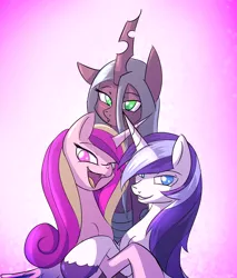 Size: 1700x2000 | Tagged: artist:kanashiipanda, blushing, chrysarmordance, derpibooru import, female, hug, husband and wife, looking at you, male, open mouth, ot3, polyamory, princess cadance, queen chrysalis, safe, shining armor, shining armor gets all the mares, shiningcadance, shipping, straight