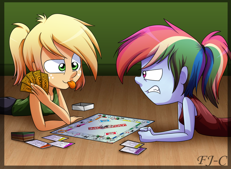 Size: 1500x1100 | Tagged: safe, artist:fj-c, derpibooru import, applejack, rainbow dash, equestria girls, annoyed, clothes, gloating, gritted teeth, monopoly, ponytail, prone, sore loser, tanktop, tongue out