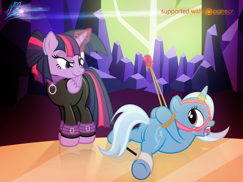 Size: 4000x3000 | Tagged: suggestive, artist:nightmaremoons, derpibooru import, trixie, twilight sparkle, twilight sparkle (alicorn), alicorn, pony, alternate hairstyle, arm behind back, ballgag, bondage, dominatrix, drool, female, femdom, femsub, gag, harness, horn ring, latex, latex suit, lesbian, magic suppression, mare, rope, shipping, show accurate, show accurate porn, spreader bar, submissive, the weak and powerless trixie, trixsub, twidom, twixie