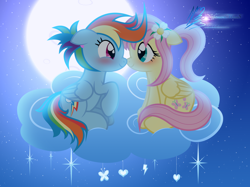 Size: 8000x6000 | Tagged: safe, artist:nightmaremoons, derpibooru import, fluttershy, rainbow dash, absurd resolution, alternate hairstyle, blushing, cloud, female, flower, flower in hair, flutterdash, heart eyes, lesbian, moon, night, nuzzling, shipping, wingding eyes