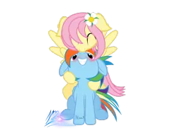 Size: 1600x1200 | Tagged: safe, artist:nightmaremoons, derpibooru import, fluttershy, rainbow dash, alternate hairstyle, blushing, cute, eyes closed, female, floppy ears, flutterdash, grin, kissing, lesbian, looking up, nose kiss, shipping, simple background, sitting, spread wings, squee, transparent background