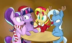 Size: 2005x1202 | Tagged: safe, alternate version, artist:browwning, derpibooru import, starlight glimmer, sunset shimmer, trixie, twilight sparkle, twilight sparkle (alicorn), alicorn, pony, unicorn, antlers, christmas, clothes, coat, counterparts, hat, hearth's warming, hearth's warming eve, jacket, lidded eyes, looking at each other, magical quartet, open mouth, red nose, reindeer antlers, rudolph nose, santa hat, scarf, sitting, smiling, table, twilight's counterparts