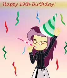 Size: 2000x2351 | Tagged: safe, artist:amante56, derpibooru import, oc, oc:lannie lona, unofficial characters only, equestria girls, beatnik, birthday, birthday gift, birthday party, clothes, confetti, eyes closed, hat, party, party hat, party horn, solo, sweater, turtleneck