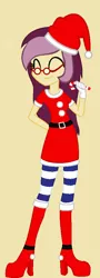 Size: 360x996 | Tagged: safe, artist:starla-stroke94, derpibooru import, oc, oc:lannie lona, unofficial characters only, equestria girls, birthday gift, candy, candy cane, christmas outfit, clothes, food, glasses, gloves, hat, santa hat, socks, solo, striped socks
