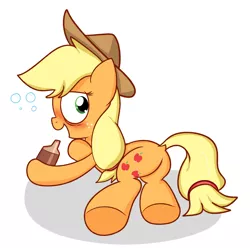 Size: 1280x1268 | Tagged: safe, artist:mr-degration, derpibooru import, applejack, earth pony, pony, applebutt, applejack's hat, blushing, braid, bubble, butt, cowboy hat, dock, drunk, drunk aj, freckles, hat, plot, prone, solo