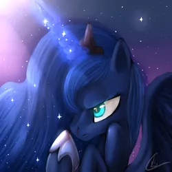 Size: 900x900 | Tagged: artist:lolitalonis, blood, crepuscular rays, derpibooru import, frown, glare, magic, moonlight, night, nosebleed, princess luna, safe, solo, spread wings, stars, this will end in pain