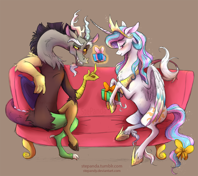 Size: 980x870 | Tagged: safe, artist:stepandy, derpibooru import, discord, princess celestia, alicorn, draconequus, pony, blushing, couch, dislestia, female, gift giving, grin, levitation, magic, male, present, realistic horse legs, shipping, straight, tail bow, telekinesis