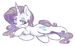 Size: 1800x1100 | Tagged: safe, artist:hawthornss, derpibooru import, rarity, pony, unicorn, alternate hair color, cute, looking at you, looking back, lying down, one eye closed, raribetes, simple background, smiling, solo, sparkly eyes, white background, wink