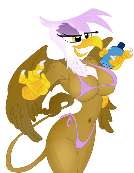 Size: 791x1024 | Tagged: suggestive, artist:krazykari, artist:trollie trollenberg, derpibooru import, edit, gilda, anthro, gryphon, armpits, big breasts, bikini, breasts, busty gilda, cleavage, clothes, female, lotion, solo, solo female, stupid sexy gilda, swimsuit