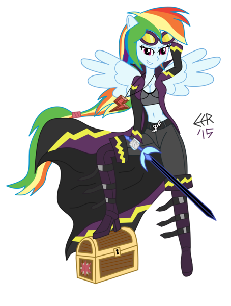 Size: 2500x3303 | Tagged: safe, artist:e-e-r, derpibooru import, rainbow dash, equestria girls, belly button, cleavage, clothes, costume, crystal prep shadowbolts, female, midriff, shadowbolt dash, shadowbolts, shadowbolts costume, simple background, solo, sword, transparent background, treasure chest, trenchcoat, weapon