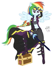 Size: 2500x3303 | Tagged: safe, artist:e-e-r, derpibooru import, rainbow dash, equestria girls, belly button, cleavage, clothes, costume, crystal prep shadowbolts, female, midriff, shadowbolt dash, shadowbolts, shadowbolts costume, simple background, solo, sword, transparent background, treasure chest, trenchcoat, weapon