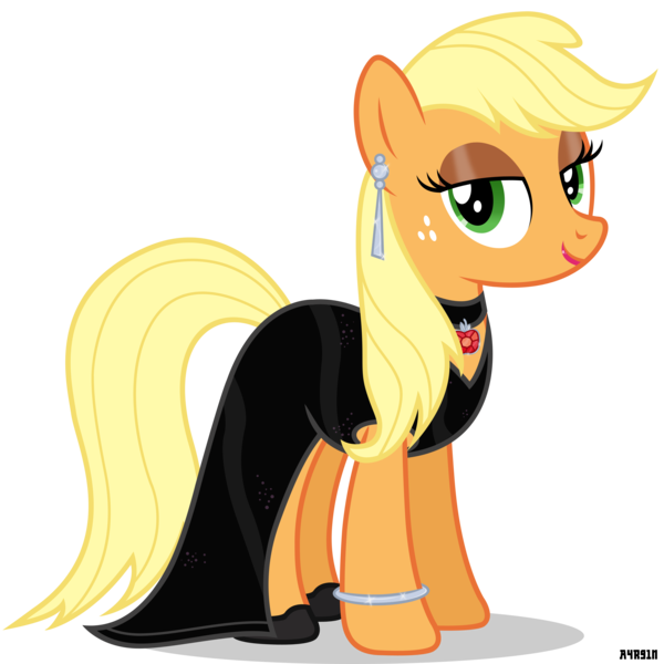 Size: 3600x3600 | Tagged: applejack, artist:a4r91n, bedroom eyes, bracelet, clothes, derpibooru import, dress, earring, fancy, hatless, lipstick, loose hair, missing accessory, piercing, safe, simple background, solo, transparent background, vector