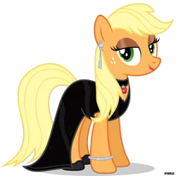 Size: 3600x3600 | Tagged: applejack, artist:a4r91n, bedroom eyes, bracelet, clothes, derpibooru import, dress, earring, fancy, hatless, lipstick, loose hair, missing accessory, piercing, safe, simple background, solo, transparent background, vector