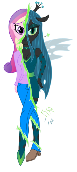 Size: 1457x3220 | Tagged: safe, artist:e-e-r, derpibooru import, princess cadance, queen chrysalis, changeling, equestria girls, disguise, disguised changeling, fake cadance, heart, looking at you, simple background, solo, transparent background