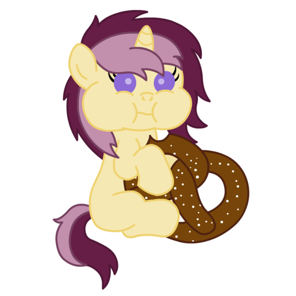 Size: 760x760 | Tagged: artist:ironwoodakacleanser, bread, derpibooru import, female, filly, food, oc, oc:lannie lona, pretzel, safe, solo, unofficial characters only