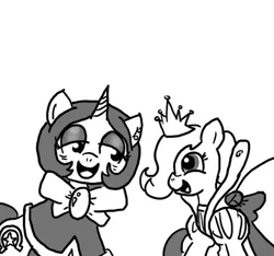 Size: 640x600 | Tagged: safe, artist:ficficponyfic, derpibooru import, oc, oc:emerald jewel, oc:joyride, unofficial characters only, pony, unicorn, colt quest, colt, crossdressing, cyoa, explicit source, female, foal, male, mare, monochrome, smiling, story included, tiara