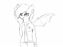 Size: 1600x1200 | Tagged: safe, artist:eclipsepenumbra, derpibooru import, oc, oc:eclipse penumbra, unofficial characters only, anthro, bat pony, anthro oc, clothes, cutie mark, hair over one eye, hand, looking at you, monochrome, outfit, pants, shirt, sketch, smiling, wings