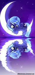 Size: 2000x4200 | Tagged: artist:xwhitedreamsx, crescent moon, cute, derpibooru import, filly, lunabetes, moon, night, princess luna, prone, reflection, safe, solo, tangible heavenly object, transparent moon, woona