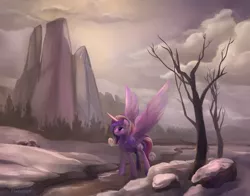 Size: 4400x3458 | Tagged: artist:viwrastupr, derpibooru import, mountain, princess cadance, river, safe, scenery, snow, solo, spread wings, stream, tree