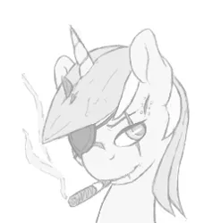 Size: 239x252 | Tagged: artist:keeponhatin, cigar, derpibooru import, eyepatch, flockmod, grayscale, lyra heartstrings, metal gear, metal gear solid 5, monochrome, picture for breezies, safe, scar, simple background, smoking, solo, venom snake