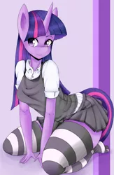 Size: 930x1430 | Tagged: safe, artist:tomoyuuki, derpibooru import, twilight sparkle, anthro, plantigrade anthro, unicorn, clothes, female, miniskirt, missing shoes, pleated skirt, shirt, skirt, smiling, socks, solo, striped socks, thigh highs, thighlight sparkle, thunder thighs, vest, zettai ryouiki