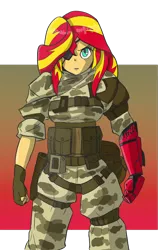 Size: 684x1080 | Tagged: safe, artist:kencaldi, derpibooru import, sunset shimmer, equestria girls, camouflage, clothes, crossover, eyepatch, fingerless gloves, gloves, mercenary, metal gear, metal gear solid, metal gear solid 5, military, prosthetic limb, solo, venom snake