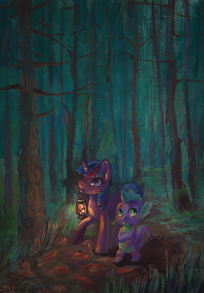 Size: 1024x1471 | Tagged: artist:satynapaper, derpibooru import, forest, gouache, lantern, mouth hold, painting, safe, spike, traditional art, twilight sparkle