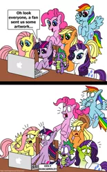 Size: 900x1453 | Tagged: applejack, artist:aleximusprime, computer, context is for the weak, cropped, derpibooru import, disgusted, fluttershy, horrified, internet, laptop computer, lowres, macbook, mane seven, mane six, meta, out of context, pinkie pie, rainbow dash, rarity, reaction, rule 34, safe, satire, shock, shocked, sick, speech bubble, spike, twilight sparkle, what has been seen