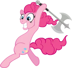Size: 945x883 | Tagged: safe, artist:moongazeponies, derpibooru import, pinkie pie, pony, axe, bipedal, grin, hoof hold, running, simple background, smiling, solo, transparent background, weapon, wide eyes