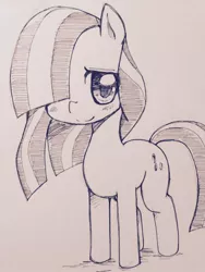 Size: 768x1024 | Tagged: safe, artist:moka, derpibooru import, marble pie, earth pony, pony, blushing, female, filly, hair over one eye, looking at you, monochrome, simple background, smiling, solo, traditional art, white background