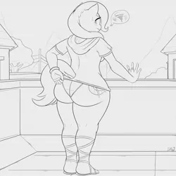 Size: 1280x1280 | Tagged: anthro, artist:drazelle, ass, blushing, breasts, busty trixie, clothes, derpibooru import, female, from behind, hoodie, looking back, monochrome, panties, plantigrade anthro, sandals, solo, solo female, suggestive, the ass was fat, the great and powerful ass, thighs, tight clothing, trixie, underwear