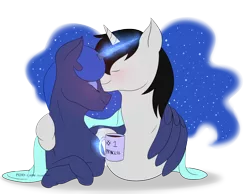 Size: 4446x3450 | Tagged: safe, artist:mokychan, derpibooru import, princess luna, oc, oc:lunar evening, blushing, canon x oc, kissing, luvning, shipping