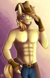 Size: 1601x2466 | Tagged: abs, anthro, artist:shinako-tan, bare chest, braeburn, clothes, derpibooru import, male, solo, solo male, stupid sexy braeburn, suggestive, topless