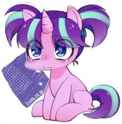 Size: 902x917 | Tagged: safe, artist:katuhira_rinmi, derpibooru import, starlight glimmer, pony, unicorn, crying, cute, female, filly, filly starlight glimmer, glimmerbetes, pigtails, simple background, solo, what have you done?!, white background, woobie, younger