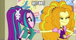 Size: 953x500 | Tagged: safe, derpibooru import, screencap, adagio dazzle, aria blaze, equestria girls, rainbow rocks, angry, get out, image macro, meme, scared