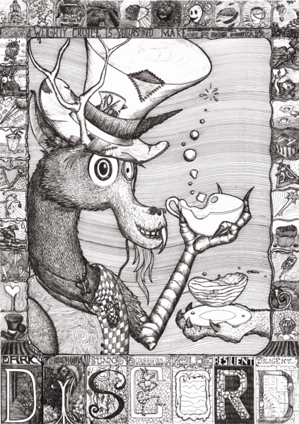 Size: 2000x2837 | Tagged: alice in wonderland, artist:konsumo, black and white, bust, derpibooru import, discord, grayscale, hat, mad hatter, mad hatter hat, monochrome, safe, solo, top hat, traditional art