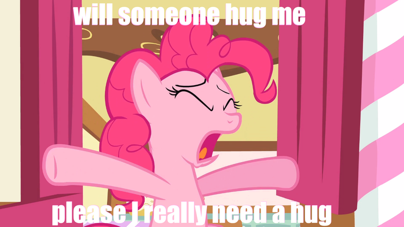 Size: 1366x768 | Tagged: safe, derpibooru import, edit, edited screencap, screencap, pinkie pie, the cutie pox, caption, eyes closed, hug, image macro, meme, solo