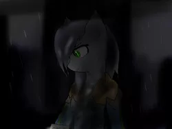 Size: 1600x1200 | Tagged: safe, artist:eclipsepenumbra, derpibooru import, oc, oc:eclipse penumbra, unofficial characters only, bat pony, pony, fallout equestria, bulletproof vest, clothes, dark, female, green eyes, hair over one eye, numbers, rain, wet mane